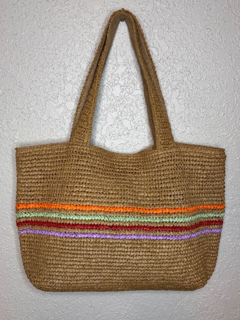 Sonoma Tan Woven Straw Stripe Orange Pink Green Beach Purse Handbag Tote Bag